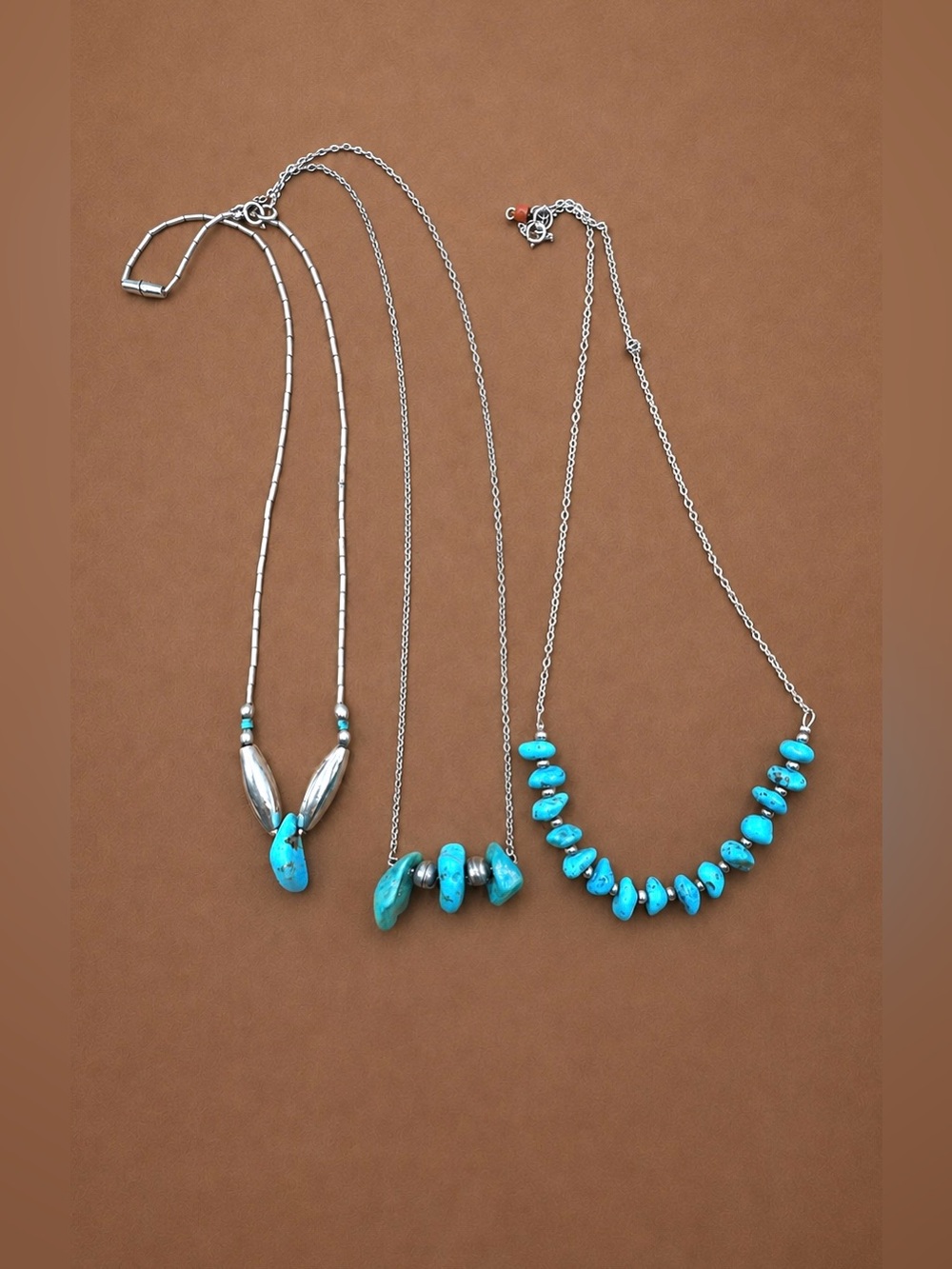 Three Vintage Navajo Native American Sterling Turquoise Nugget Beaded Necklaces